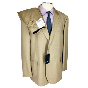 NWT 50R Paul Fredrick Mens 100% Wool 3 Piece 2 Button Suit Sand Tan Pants 44